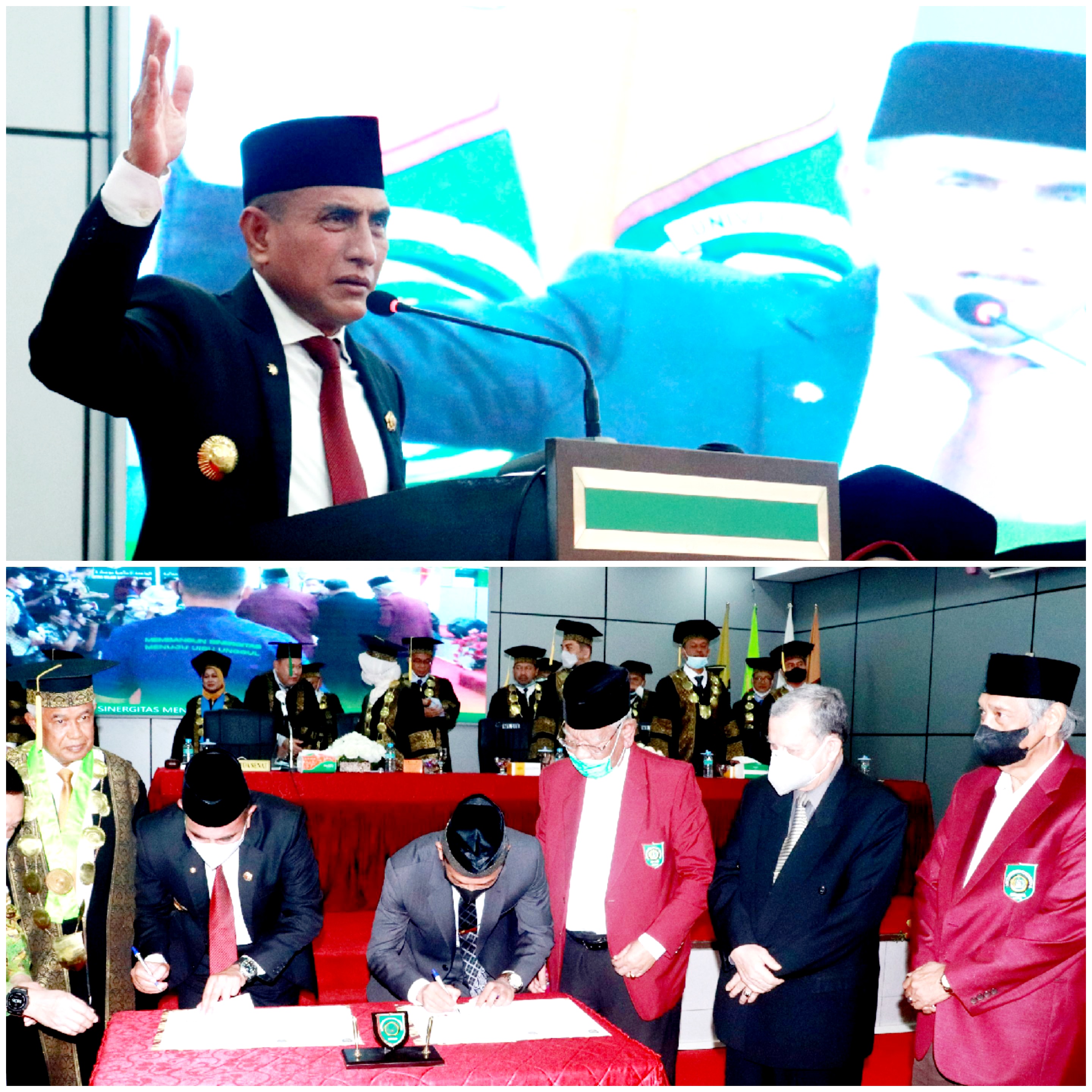 Gubsu saat memberikan sambutan pada Rapat Senat Terbuka peringatan Milad ke-70 UISU, ( atas). Gubsu Edy Rahmayadi dan Rektor UISU Dr. H. Yanhar Jamaluddin, MAP tandatangani MoU ( bawah)