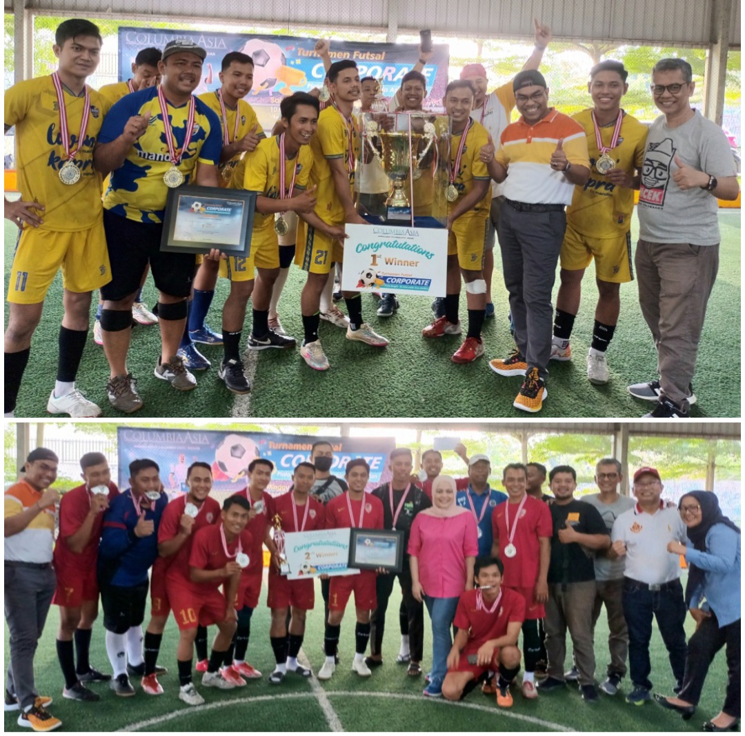 Diabadikan. Juara pertama tim futsal Bank Mandiri ( atas) dan tim Bank Indonesia ( bawah) meraih posisi runner up di laga final diabadikan usai menerima hadiah.