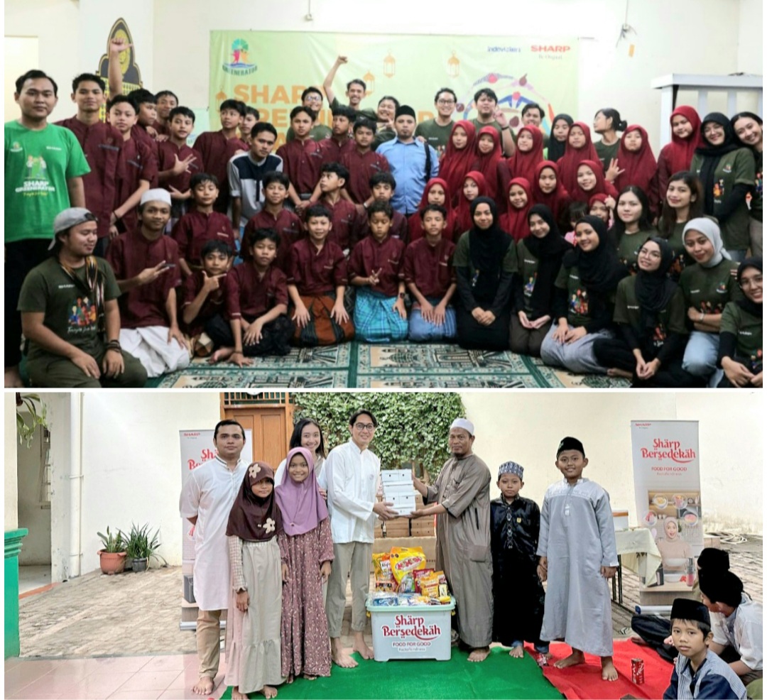 Perwakilan Sharp Indonesia bersama anggota Sharp Greenerator dan anak panti asuhan Assaidah berfoto bersama ( atas) da penyerahan bantuan kepada panti asuhan muslimin putra mulia( bawah)
