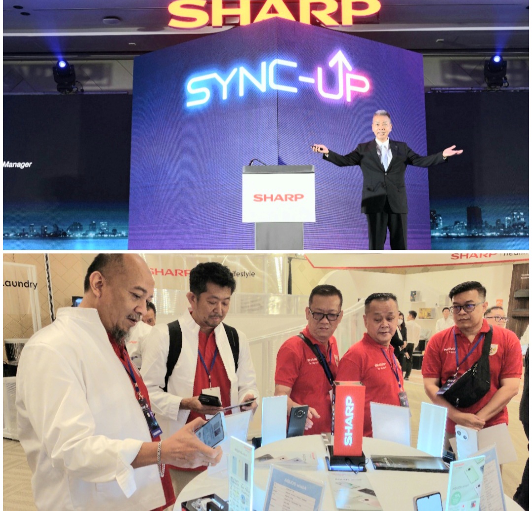 Tomoki Tamura menetapkan strategi SHARP di acara SHARP SYNC UP di Thailand ( atas) Shinji Teraoka Presiden Direktur  & Andry Adi Utomo Senior GM National Sales Marketing Sharp Indonesia bersama dealer melihat produk yang dipamerkan. ( bawah)