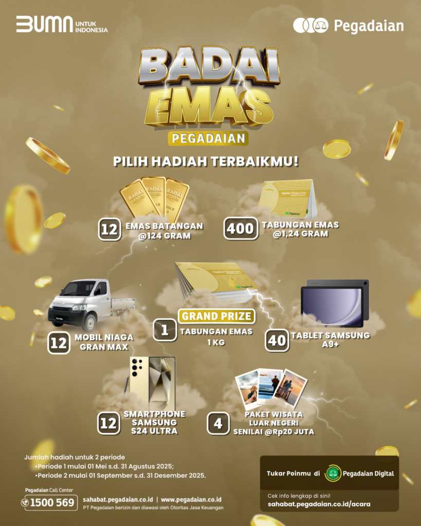 PT Pegadaian kembali menghadirkan program loyalitas berupa undian berhadiah melalui Program Badai Emas Pegadaian 2025.