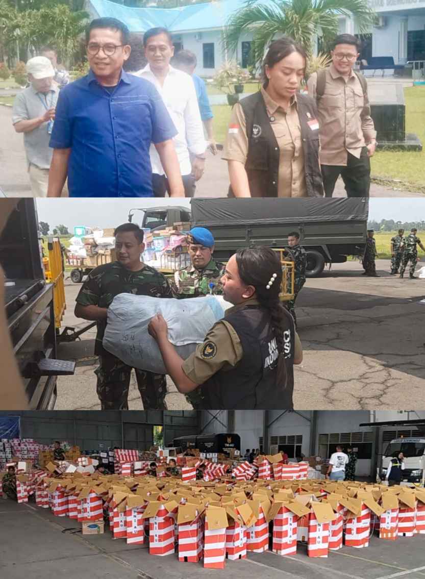 1764737582105 Anggota DPRD Medan Edwin Sugesti Nasution bersama Utusan Khusus Presiden Bidang Pariwisata, Zita Anjani saat di Lanud Suwondo untuk menyerahkan bantuan terdampak banjir di Sibolga dan Tapanuli Tengah.