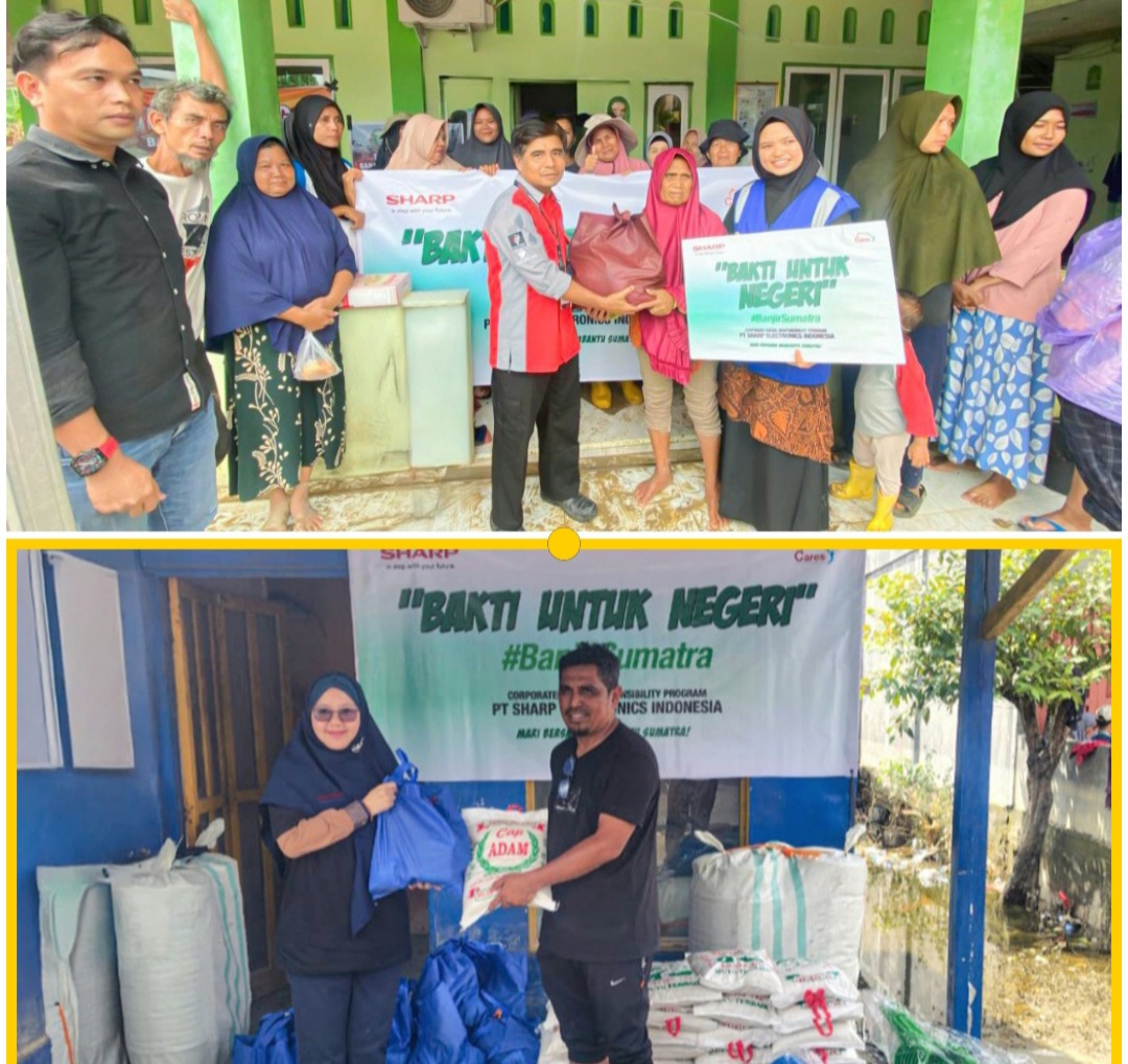 Depianto, Head Service, Cab Padang menyerahkan donasi kepada korban banjir di Padang, Sumbar ( atas) dan Lise Tiasanty, S.Pd., MM., Customer Satisfaction Head Division menyerahkan donasi di Langkat, Sumut