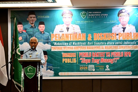 WAGUB PELANTIKAN MAHASISWA WASLIYAH 02.jpg Wakil Gubernur Sumatera Utara (Sumut) Surya saat menghadiri Pelantikan Pengurus Wilayah (PW) HIMMAH Sumut Periode 2026–2029 di Le Polonia Hotel, Medan, Selasa (19/5/2026). Foto/Diskominfo Sumut