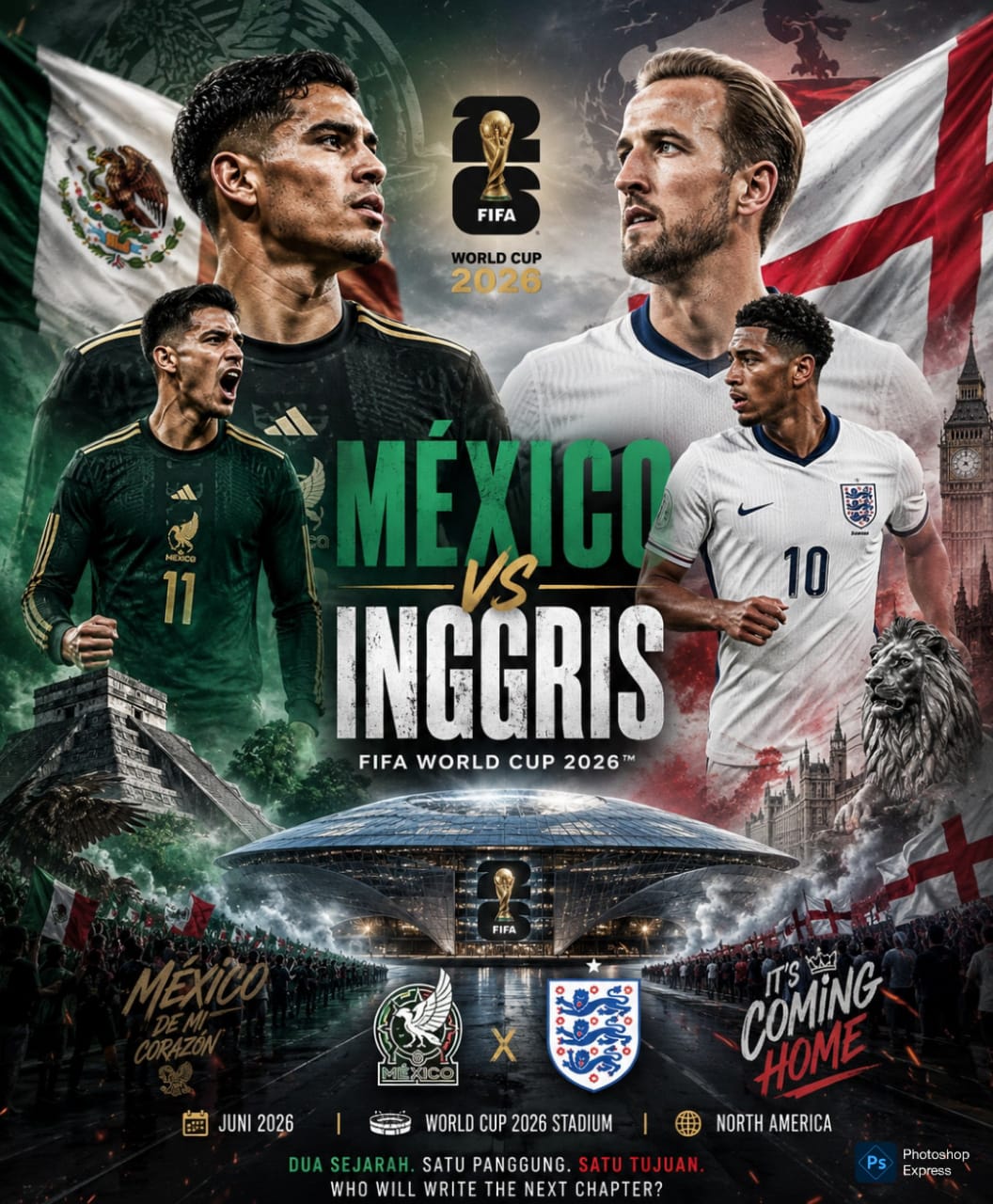 Preview jelang laga Meksiko versus Inggris di Piala Dunia 2026. (Kitamedan.com)